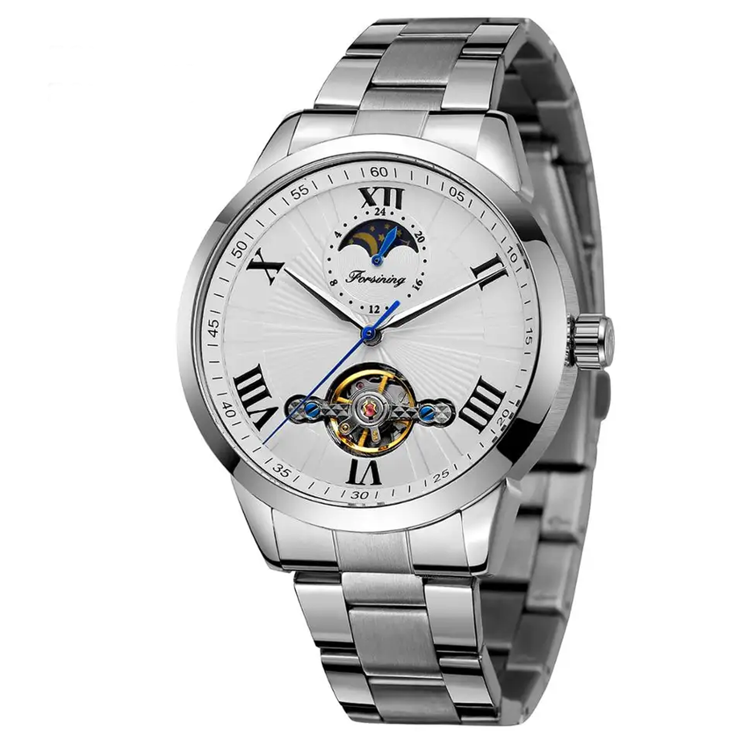 Forsining Open Heart Moon Phase Automatic Mechanical Analog Steel Band Men's Watch - FSG8187
