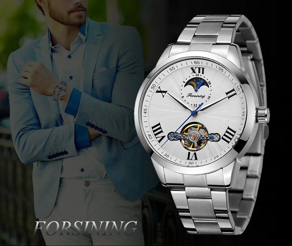 Forsining Open Heart Moon Phase Automatic Mechanical Analog Steel Band Men's Watch - FSG8187
