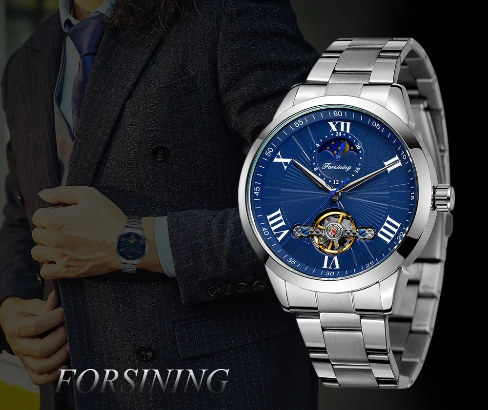 Forsining Open Heart Moon Phase Automatic Mechanical Analog Steel Band Men's Watch - FSG8187
