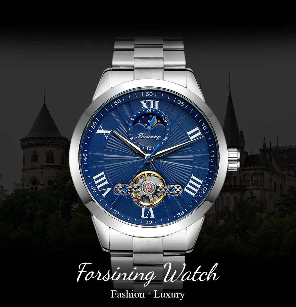 Forsining Open Heart Moon Phase Automatic Mechanical Analog Steel Band Men's Watch - FSG8187