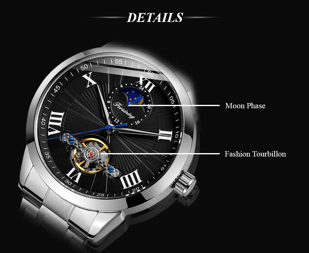 Forsining Open Heart Moon Phase Automatic Mechanical Analog Steel Band Men's Watch - FSG8187