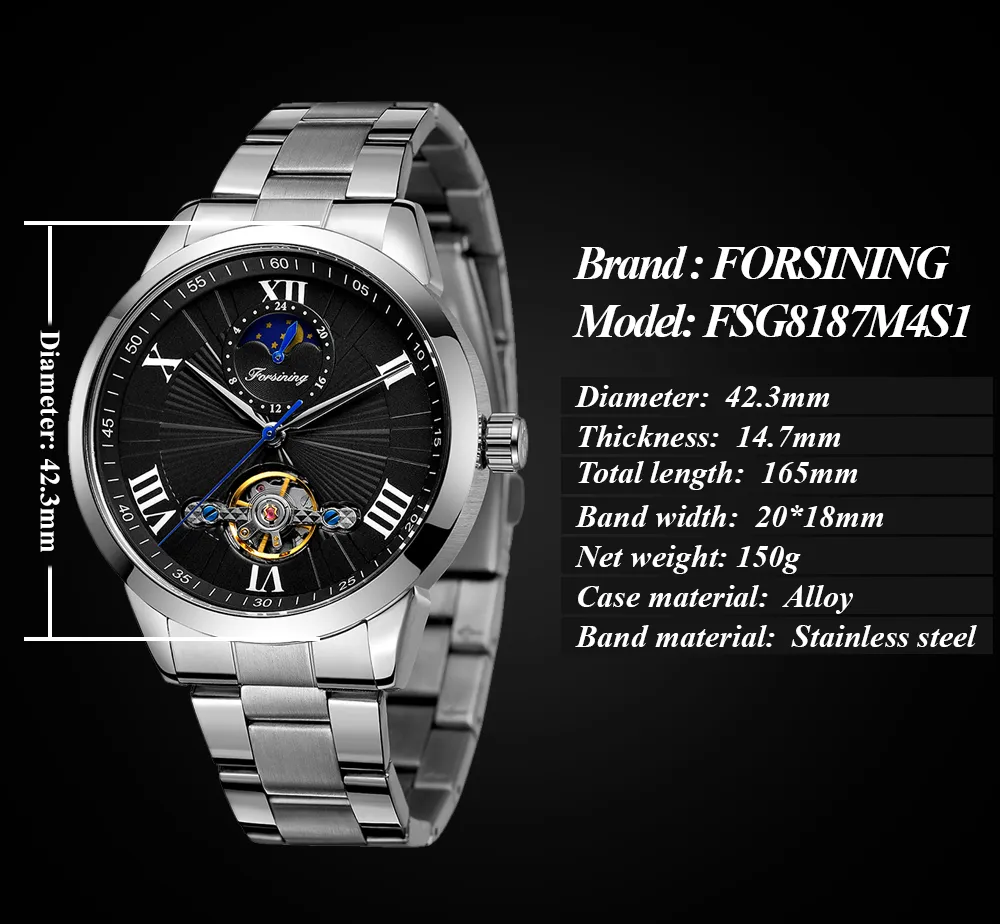 Forsining Open Heart Moon Phase Automatic Mechanical Analog Steel Band Men's Watch - FSG8187