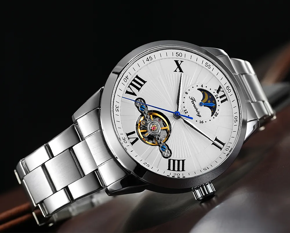 Forsining Open Heart Moon Phase Automatic Mechanical Analog Steel Band Men's Watch - FSG8187