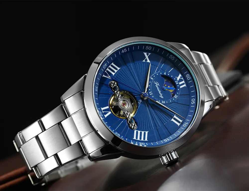 Forsining Open Heart Moon Phase Automatic Mechanical Analog Steel Band Men's Watch - FSG8187