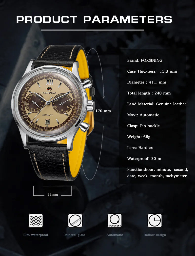 FORSINING FSG6921 Vintage Automatic Mechanical Business Tachymeter Wrist Watch for Men