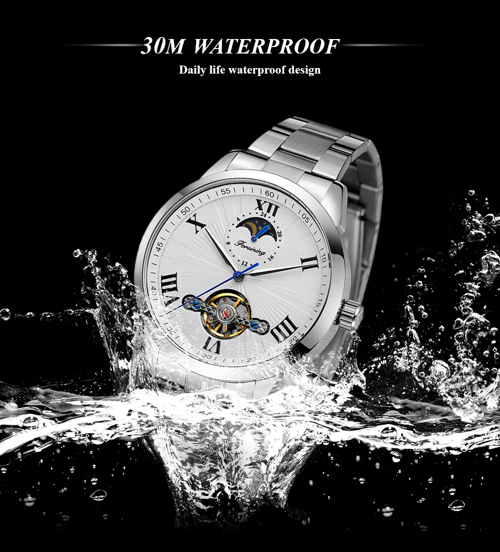 Forsining Open Heart Moon Phase Automatic Mechanical Analog Steel Band Men's Watch - FSG8187