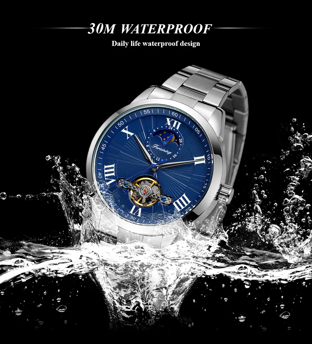 Forsining Open Heart Moon Phase Automatic Mechanical Analog Steel Band Men's Watch - FSG8187