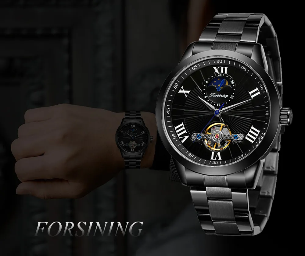 Forsining Open Heart Moon Phase Automatic Mechanical Analog Steel Band Men's Watch - FSG8187