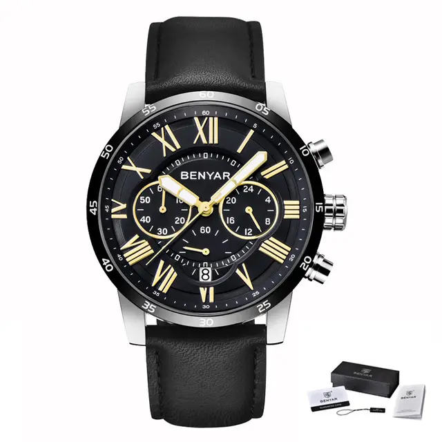 BENYAR 5139 Men's Fashion Multi function Blue Quartz Watch with Genuine Leather Strap