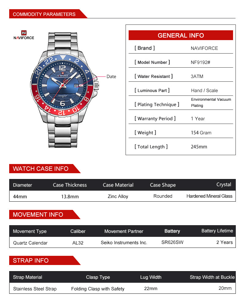 NAVIFORCE NF 9192 stylish wristwatch combining casual and business