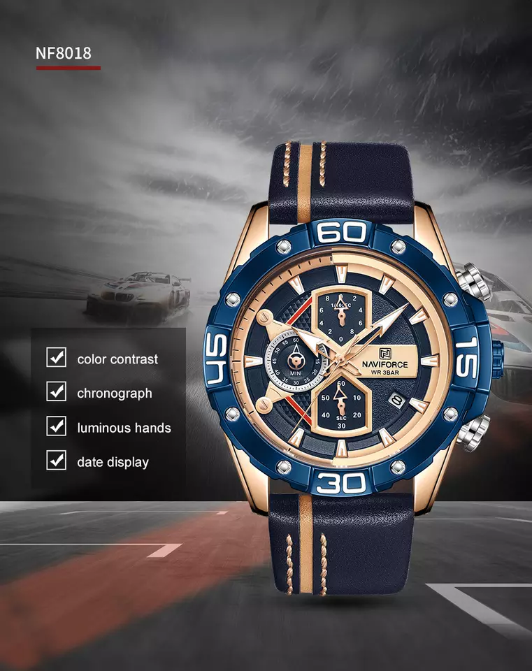 NAVIFORCE NF 8018 Luxury Men's Sport Watch – Military Style Chronograph Wristwatch