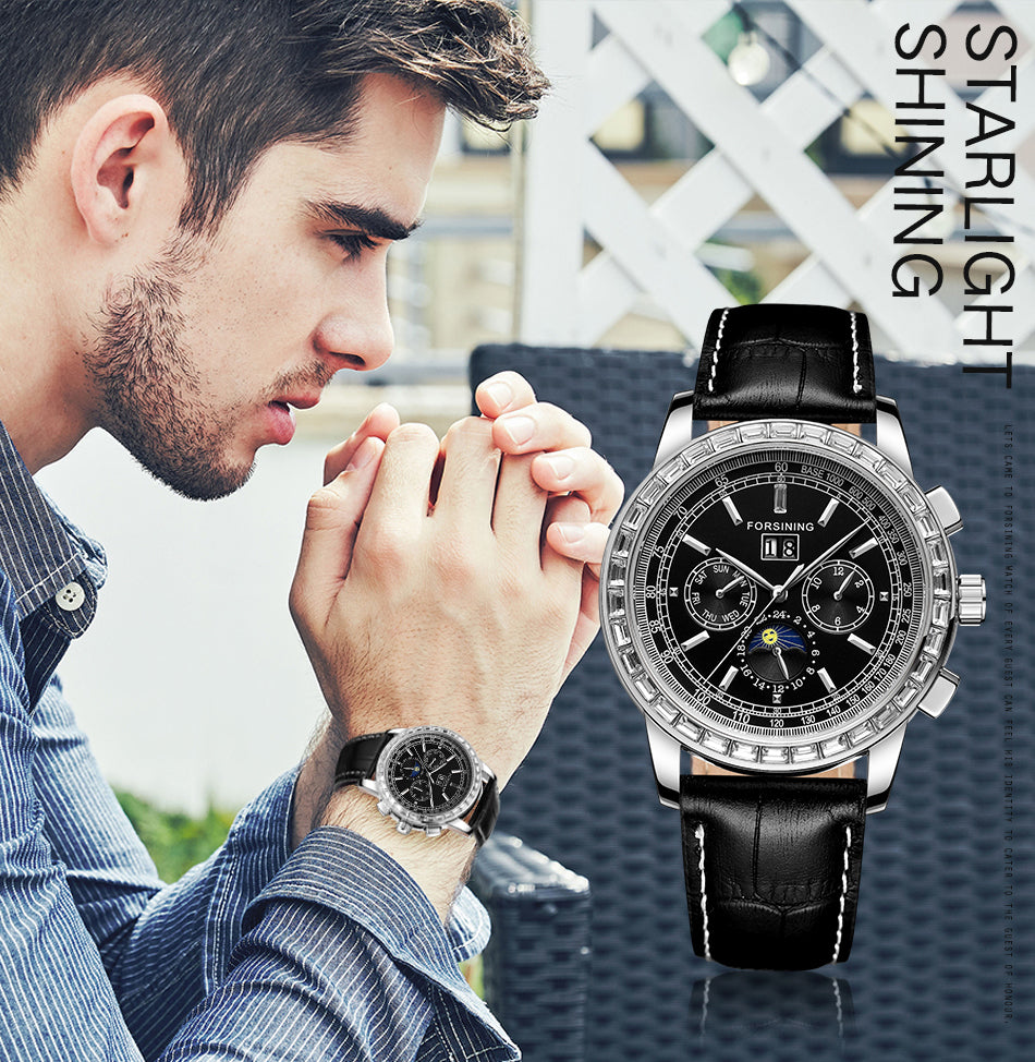 Forsining FSG 6920 Automatic Self-Wind Watch Moon Phase dial with Zircon Bezel & Leather Band
