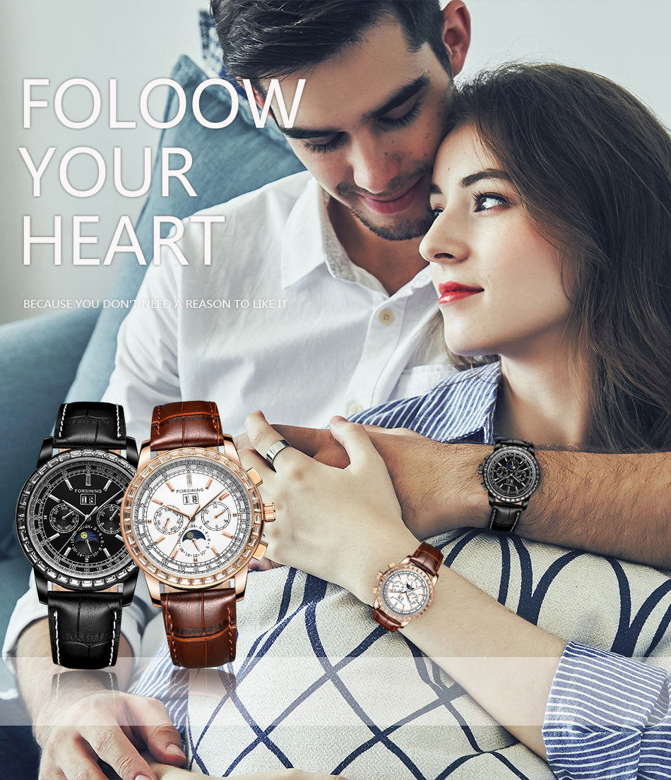 Forsining FSG 6920 Automatic Self-Wind Watch Moon Phase dial with Zircon Bezel & Leather Band