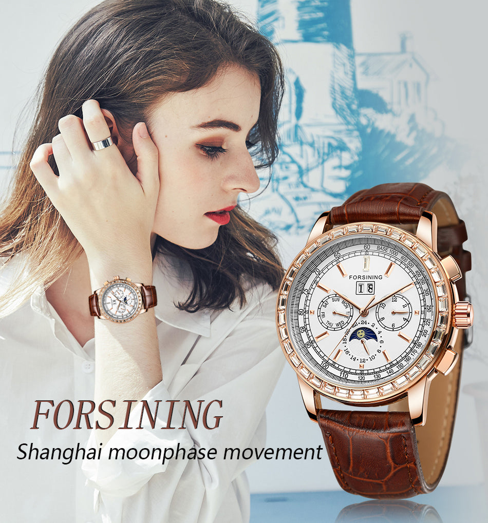 Forsining FSG 6920 Automatic Self-Wind Watch Moon Phase dial with Zircon Bezel & Leather Band