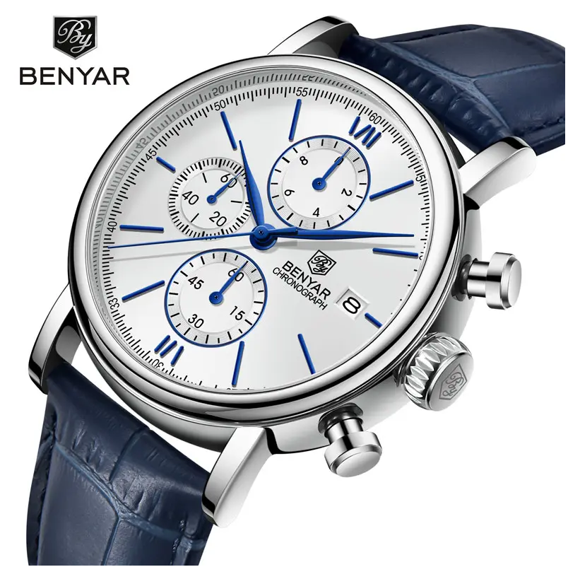 Benyar 5196M Men's Chronograph Watch - Luxury Quartz Wristwatch with Stainless Steel Band, Water Resistant, Analog Display, Casual Business Style