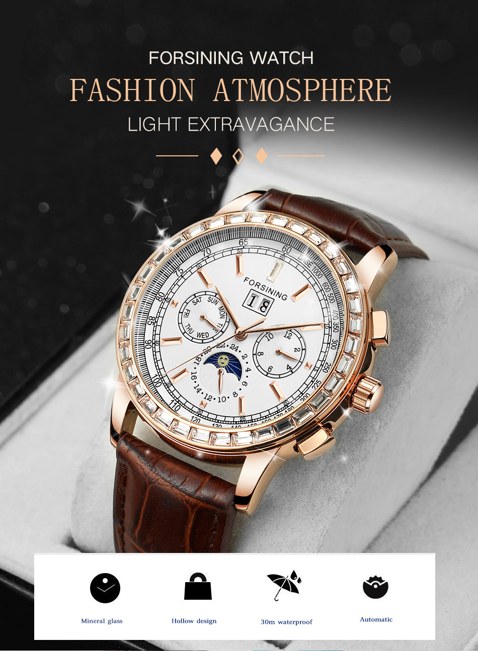 Forsining FSG 6920 Automatic Self-Wind Watch Moon Phase dial with Zircon Bezel & Leather Band