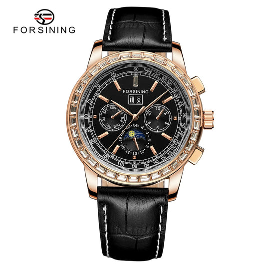 Forsining FSG 6920 Automatic Self-Wind Watch Moon Phase dial with Zircon Bezel & Leather Band