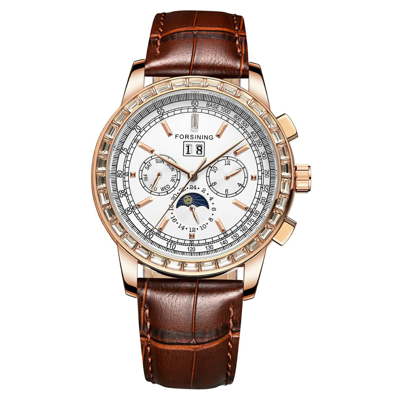 Forsining FSG 6920 Automatic Self-Wind Watch Moon Phase dial with Zircon Bezel & Leather Band