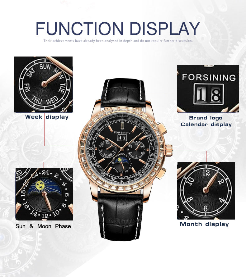 Forsining FSG 6920 Automatic Self-Wind Watch Moon Phase dial with Zircon Bezel & Leather Band
