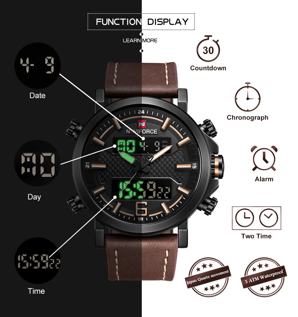 NAVIFORCE 9135 Men’s Sports Watch - Luxury Leather Band, Waterproof LED Analog watch