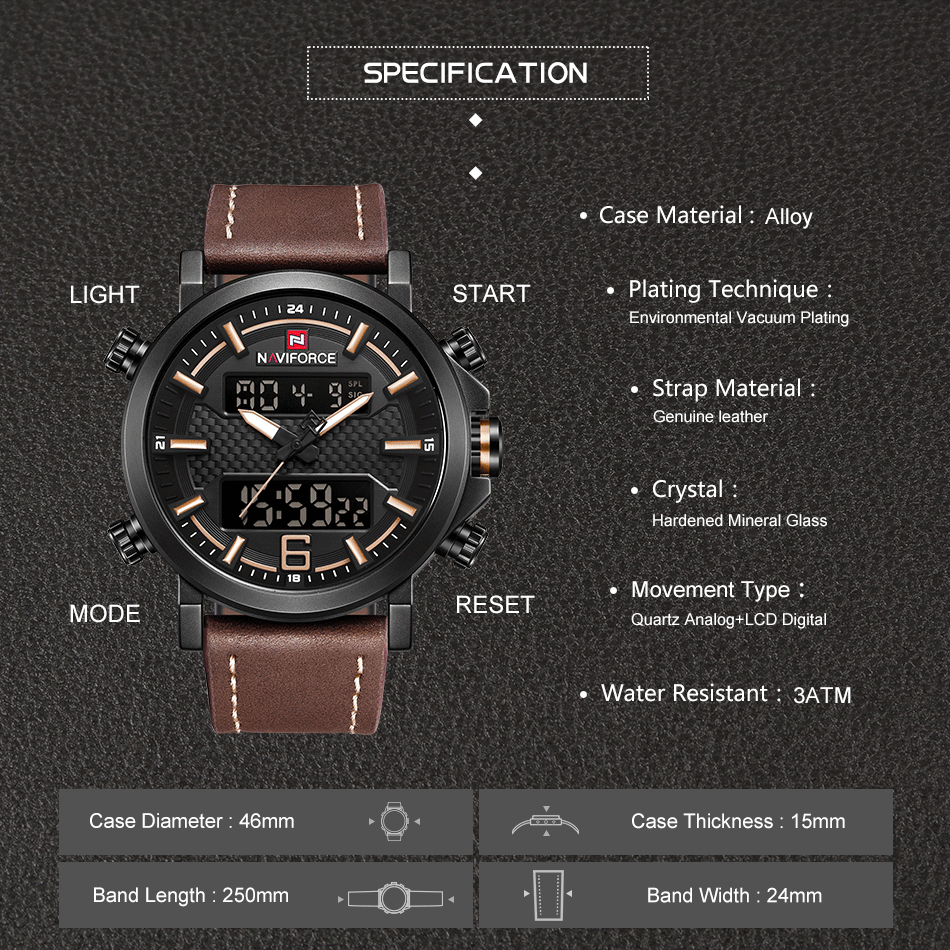 NAVIFORCE 9135 Men’s Sports Watch - Luxury Leather Band, Waterproof LED Analog watch