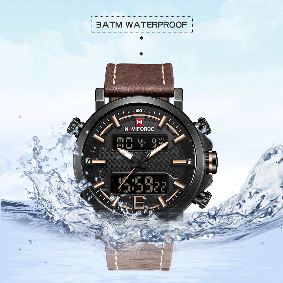 NAVIFORCE 9135 Men’s Sports Watch - Luxury Leather Band, Waterproof LED Analog watch
