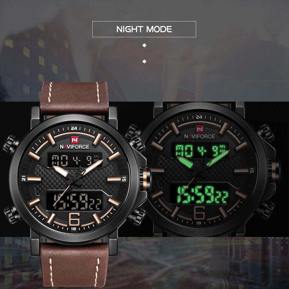 NAVIFORCE 9135 Men’s Sports Watch - Luxury Leather Band, Waterproof LED Analog watch