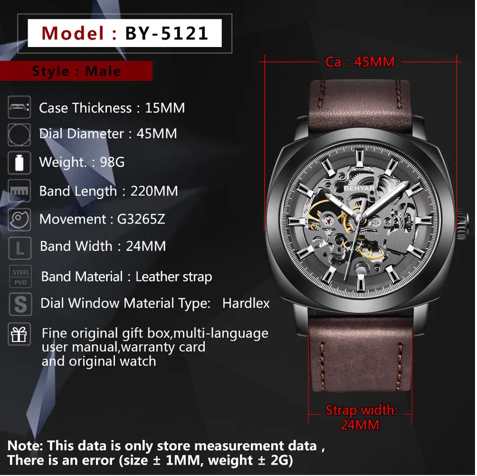 Benyar 5121 Skeleton Automatic Mechanical Watch | Genuine Leather Strap