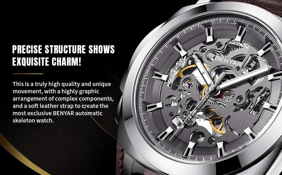 Benyar 5121 Skeleton Automatic Mechanical Watch | Genuine Leather Strap