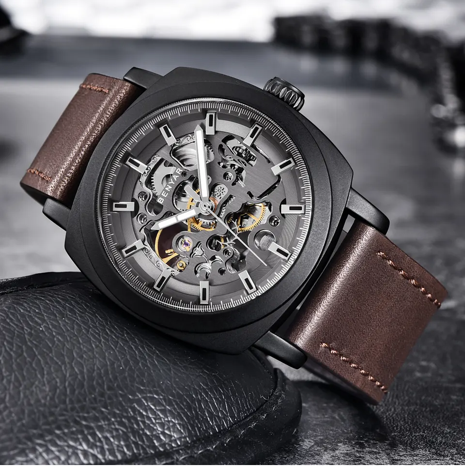 Benyar 5121 Skeleton Automatic Mechanical Watch | Genuine Leather Strap