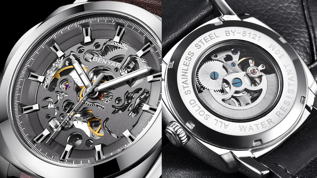 Benyar 5121 Skeleton Automatic Mechanical Watch | Genuine Leather Strap