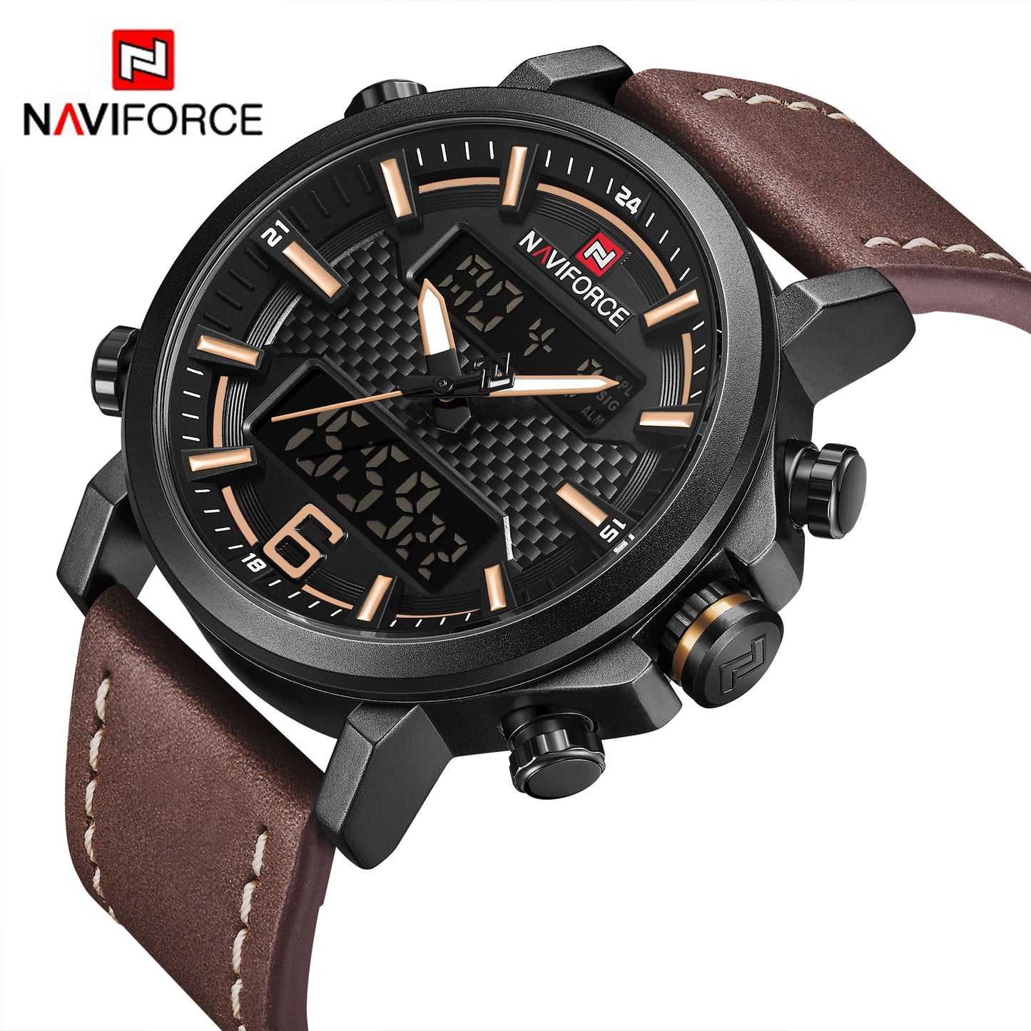 NAVIFORCE 9135 Men’s Sports Watch - Luxury Leather Band, Waterproof LED Analog watch