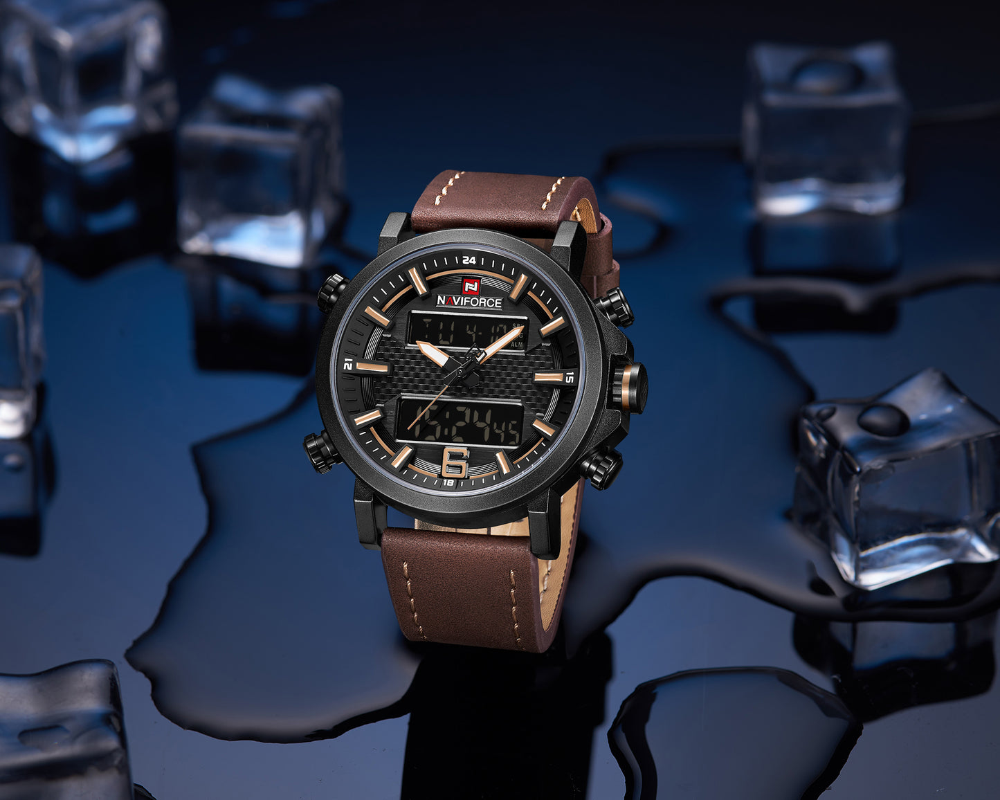 NAVIFORCE 9135 Men’s Sports Watch - Luxury Leather Band, Waterproof LED Analog watch