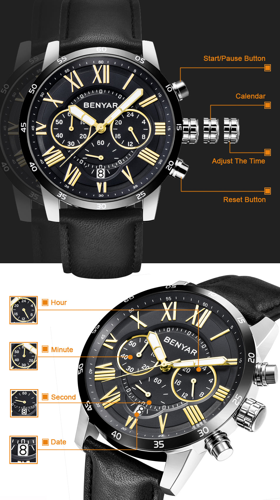 BENYAR 5139 Men's Fashion Multi function Blue Quartz Watch with Genuine Leather Strap