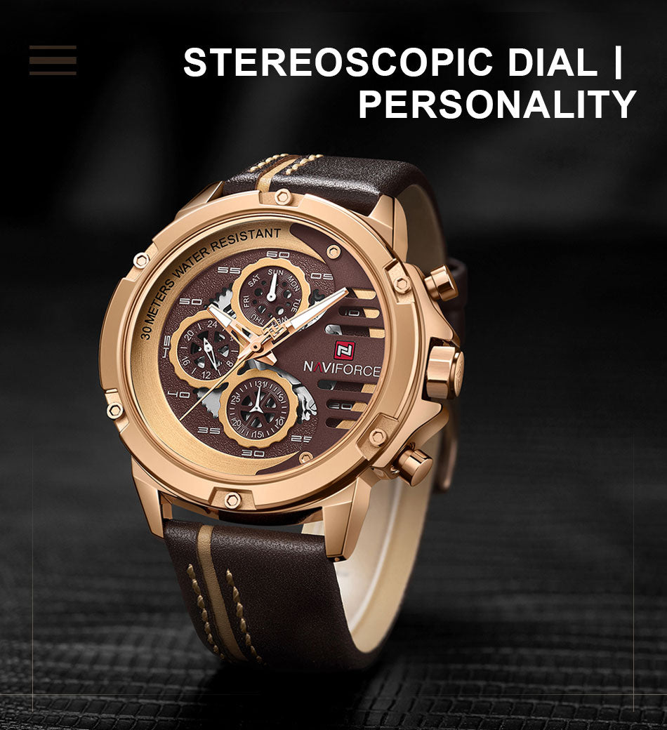NAVIFORCE NF 9110 Sport Military Waterproof Watch for Men - Analog Quartz with Leather Band