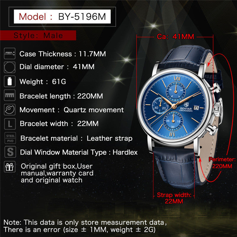 Benyar 5196M Men's Chronograph Watch - Luxury Quartz Wristwatch with Stainless Steel Band, Water Resistant, Analog Display, Casual Business Style
