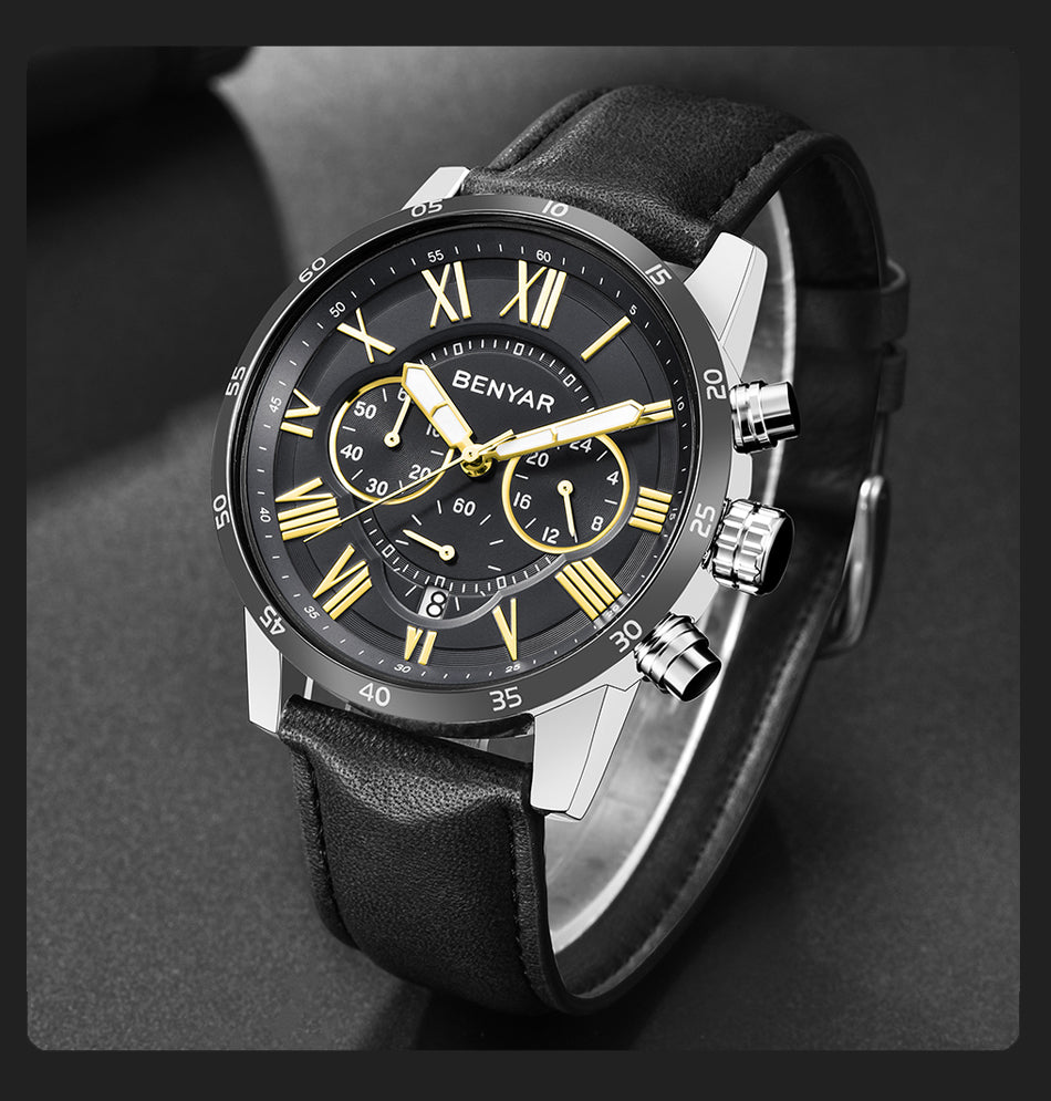 BENYAR 5139 Men's Fashion Multi function Blue Quartz Watch with Genuine Leather Strap
