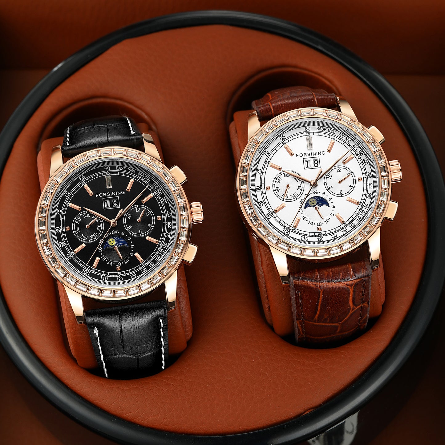 Forsining FSG 6920 Automatic Self-Wind Watch Moon Phase dial with Zircon Bezel & Leather Band