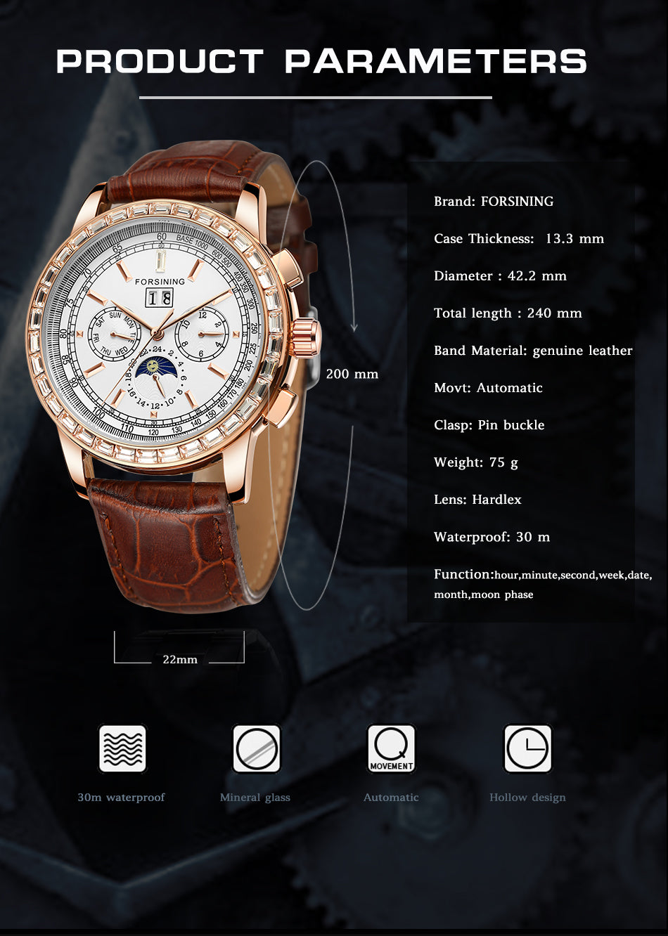 Forsining FSG 6920 Automatic Self-Wind Watch Moon Phase dial with Zircon Bezel & Leather Band