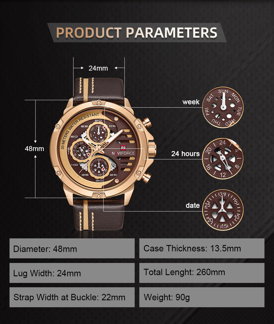 NAVIFORCE NF 9110 Sport Military Waterproof Watch for Men - Analog Quartz with Leather Band