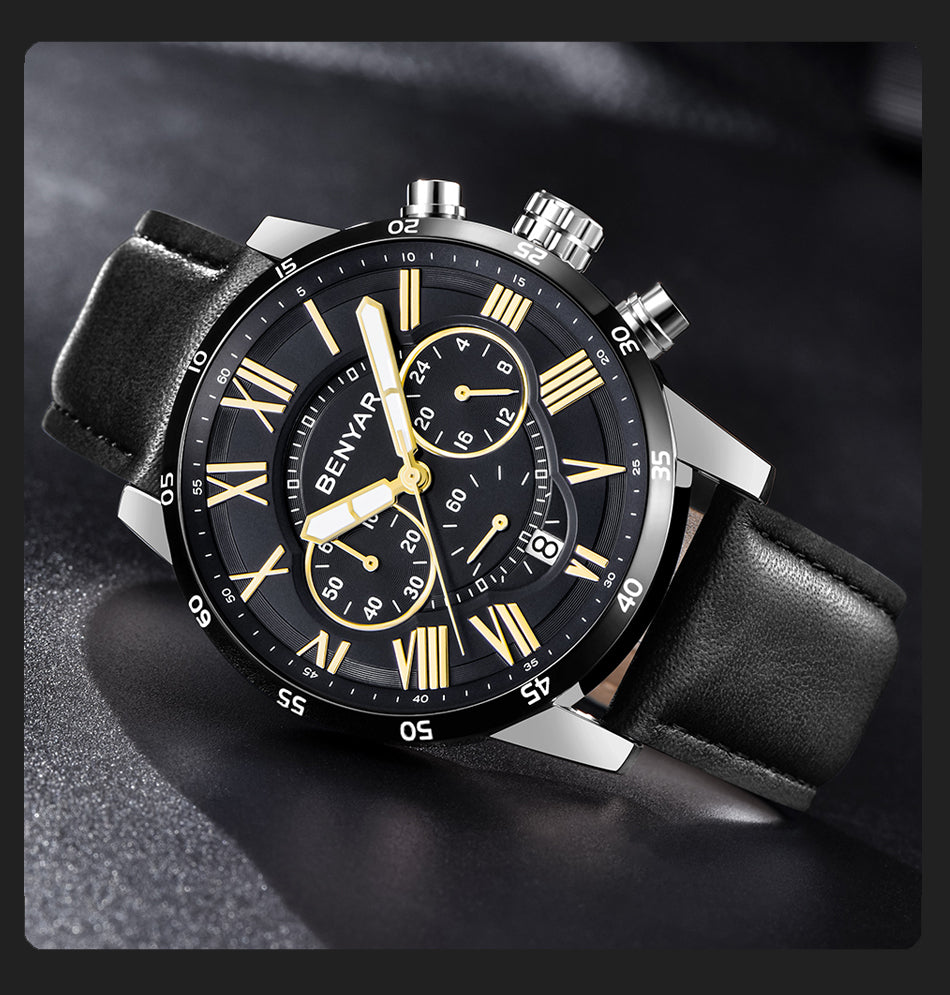 BENYAR 5139 Men's Fashion Multi function Blue Quartz Watch with Genuine Leather Strap