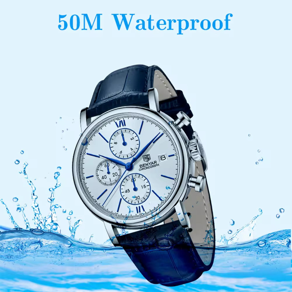 Benyar 5196M Men's Chronograph Watch - Luxury Quartz Wristwatch with Stainless Steel Band, Water Resistant, Analog Display, Casual Business Style