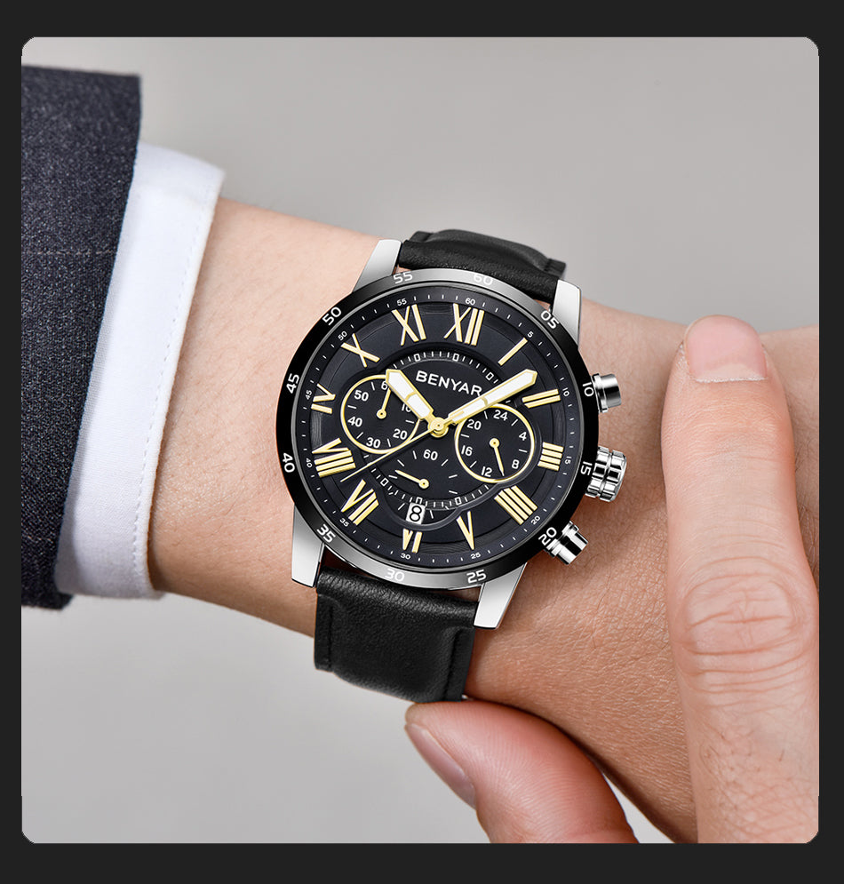 BENYAR 5139 Men's Fashion Multi function Blue Quartz Watch with Genuine Leather Strap