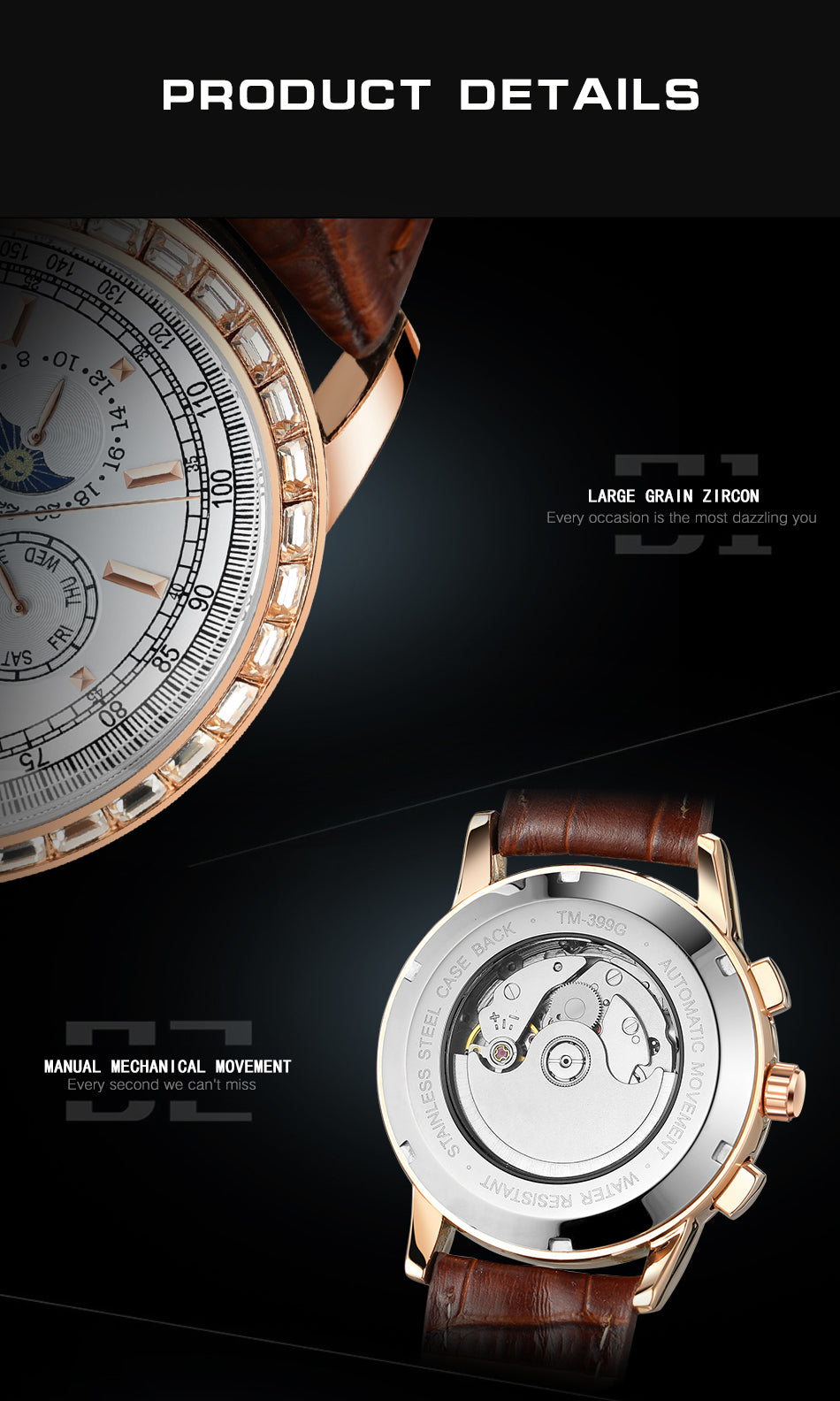 Forsining FSG 6920 Automatic Self-Wind Watch Moon Phase dial with Zircon Bezel & Leather Band