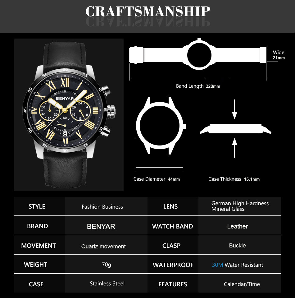 BENYAR 5139 Men's Fashion Multi function Blue Quartz Watch with Genuine Leather Strap