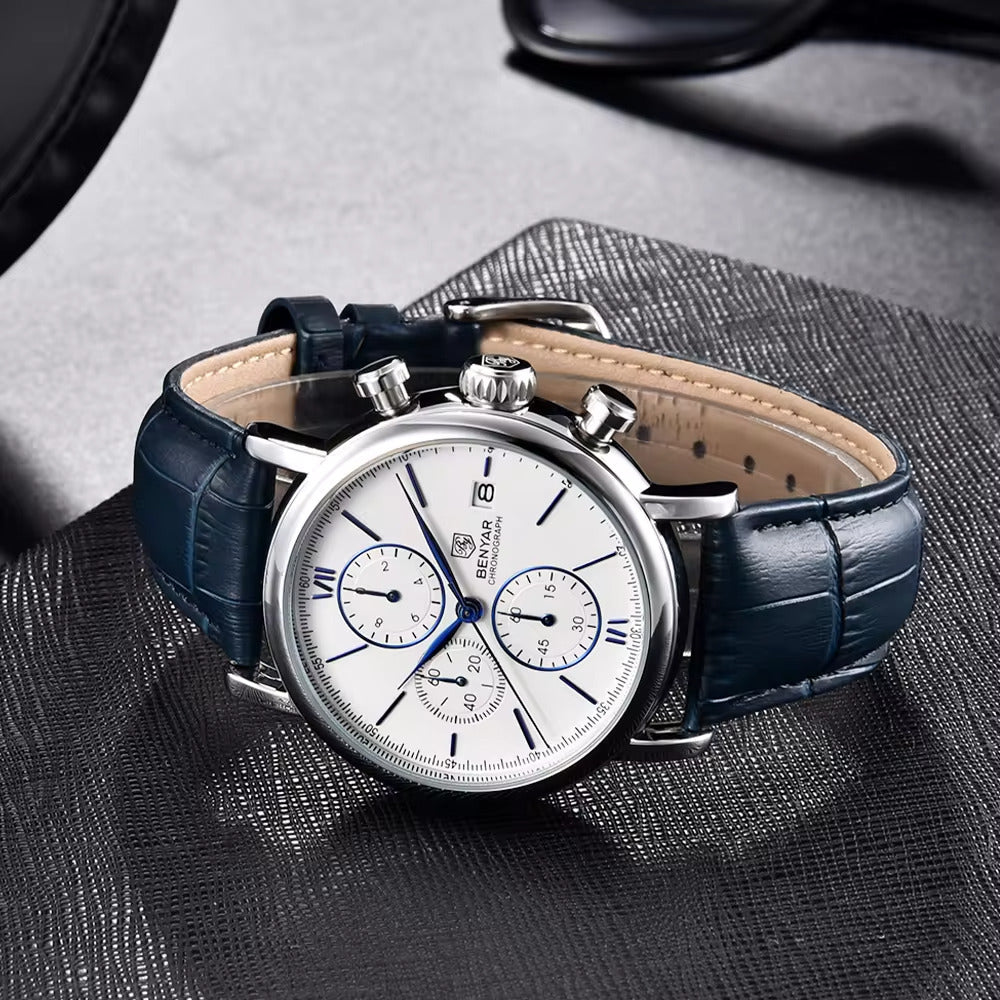 Benyar 5196M Men's Chronograph Watch - Luxury Quartz Wristwatch with Stainless Steel Band, Water Resistant, Analog Display, Casual Business Style