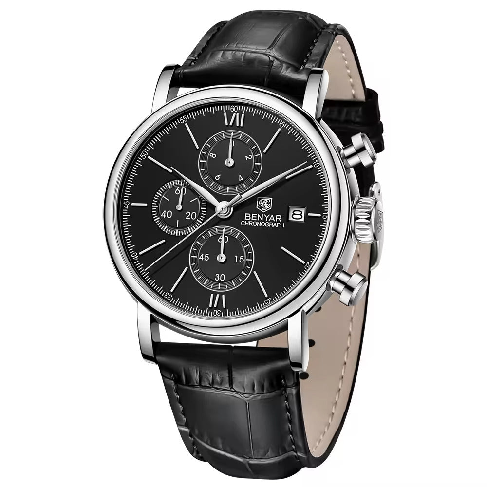 Benyar 5196M Men's Chronograph Watch - Luxury Quartz Wristwatch with Stainless Steel Band, Water Resistant, Analog Display, Casual Business Style