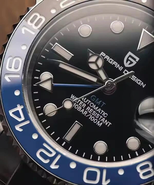 Sapphire glass dial of PAGANI PD-1662 featuring GMT hands and cyclops date magnifier