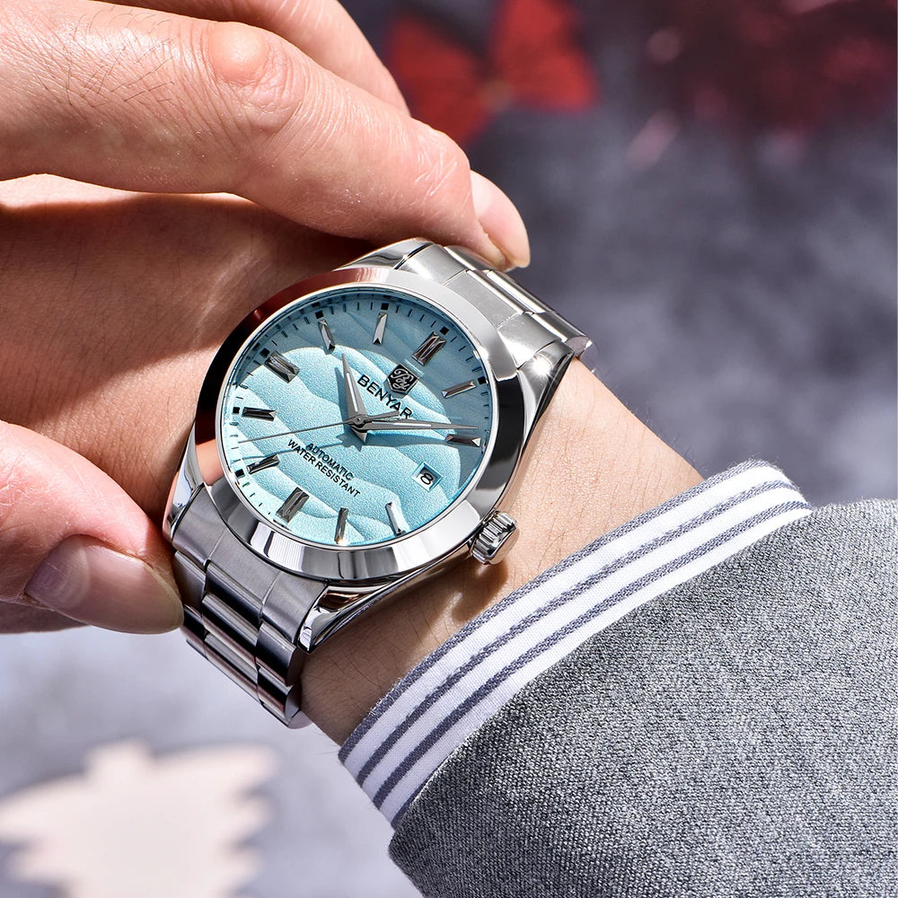 Tiffany blue dial Benyar BY-5208M automatic watch on hand