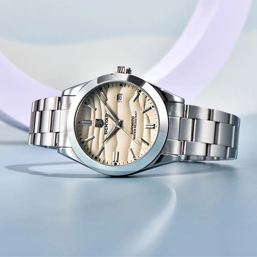 Polished curved lugs and side profile of Benyar 5208M watch